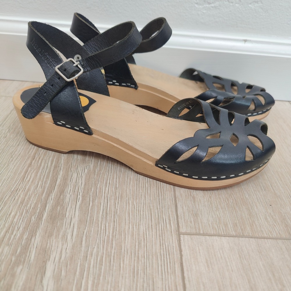Swedish Hasbeens Womens Sandals 40 Black Leather Cutout Ankle Strap Clog Heel - Picture 2 of 10